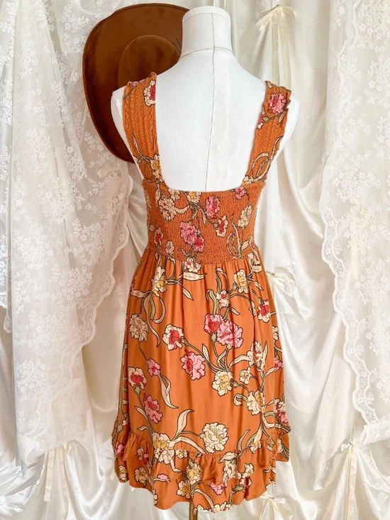 Orange Floral Smocked Mini Sundress - Picture 3 of 5